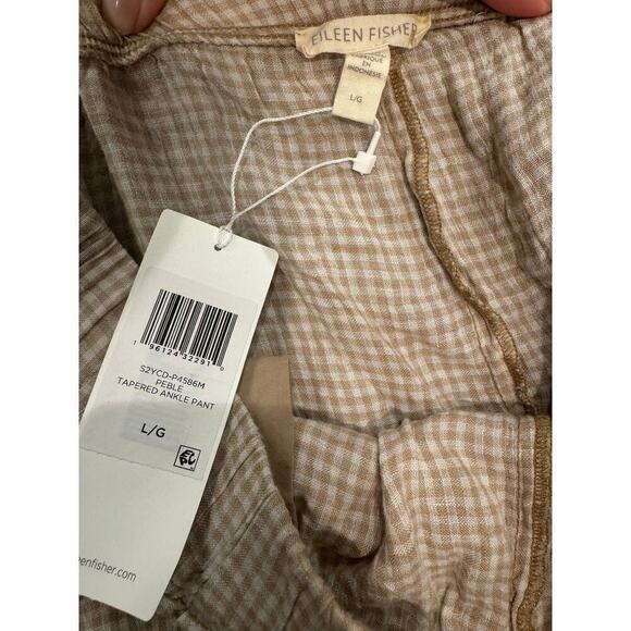 Eileen Fisher NWT Large Beige Gingham Pull On Pants Organic Linen Tapered Pant - Picture 4 of 6